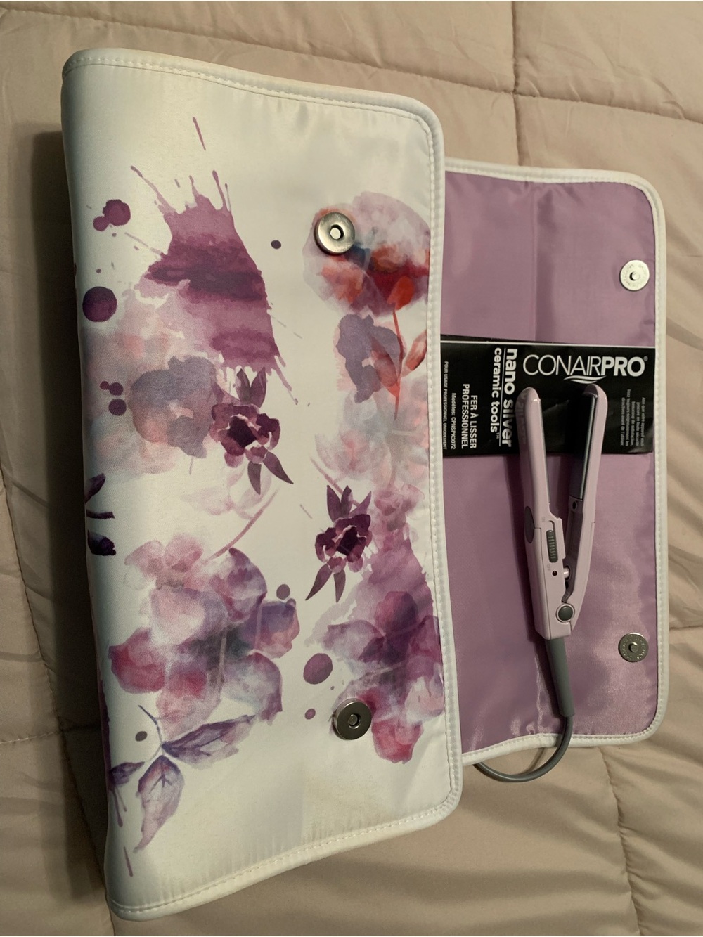 Lilac Floral Mini Flat Iron with Travel Case